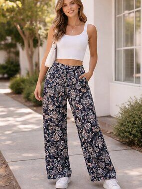 Y2k Baggy Trousers Women Sz Medium 25" Blue Floral Loose Wide Leg Boho Lagenlook